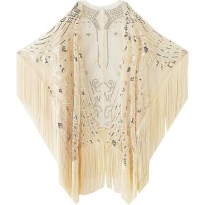 imageBABEYOND 1920s Sequin Beaded Shawl Wraps Fringed Evening Cape Scarf for WeddingBeige