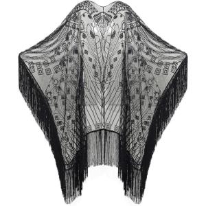 imageBABEYOND 1920s Sequin Beaded Shawl Wraps Fringed Evening Cape Scarf for WeddingBlack With Black Sequins