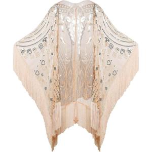 imageBABEYOND 1920s Sequin Beaded Shawl Wraps Fringed Evening Cape Scarf for WeddingChampagne