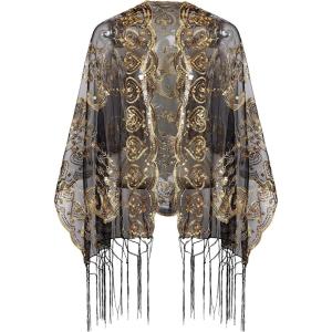 imageBABEYOND 1920s Sequined Shawl Wraps for Women Fringed Evening Cape Wedding Bridal Shawl Scarf for Evening Dresses PartyBlack Gold