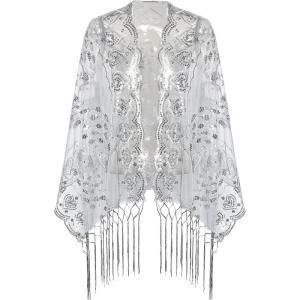 imageBABEYOND 1920s Sequined Shawl Wraps for Women Fringed Evening Cape Wedding Bridal Shawl Scarf for Evening Dresses PartyGray