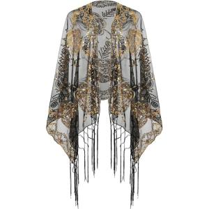 imageBABEYOND 1920s Sequined Shawl Wraps for Women Fringed Evening Cape Wedding Bridal Shawl Scarf for Evening Dresses PartyNblack Gold