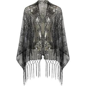 imageBABEYOND 1920s Sequined Shawl Wraps for Women Fringed Evening Cape Wedding Bridal Shawl Scarf for Evening Dresses PartyZblack