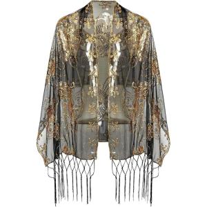 imageBABEYOND 1920s Sequined Shawl Wraps for Women Fringed Evening Cape Wedding Bridal Shawl Scarf for Evening Dresses PartyZblack Gold