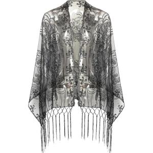 imageBABEYOND 1920s Sequined Shawl Wraps for Women Fringed Evening Cape Wedding Bridal Shawl Scarf for Evening Dresses PartyZblack Silver