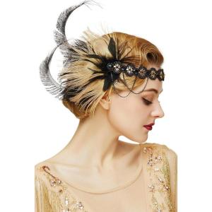 imageBABEYOND 1920s Sequined Showgirl Headpiece Feather Headband Flapper Gatsby Hair AccessoriesBlack Gold