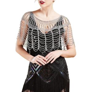 imageBABEYOND 1920s Shawl Wraps Gatsby Beaded Evening Cape Bridal Shawl Bolero Flapper Cover UpSilver