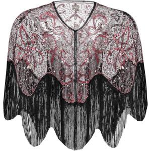 imageBABEYOND 1920s Shawl Wraps Gatsby Beaded Evening Cape Bridal Shawl for Evening Dresses Wedding PartyWine Red