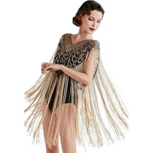 imageBABEYOND 1920s Shawl Wraps Long Fringed Evening Cape Sequin Beaded Party ShawlBlack Gold
