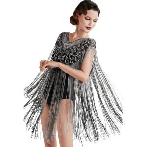 imageBABEYOND 1920s Shawl Wraps Long Fringed Evening Cape Sequin Beaded Party ShawlBlack Silver
