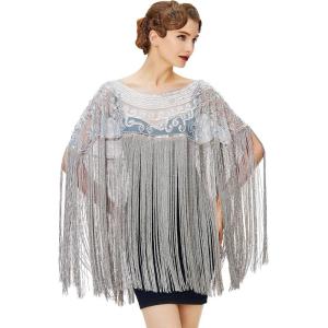 imageBABEYOND 1920s Shawl Wraps Long Fringed Evening Cape Sequin Beaded Party ShawlGray
