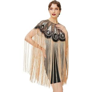 imageBABEYOND 1920s Shawl Wraps Long Fringed Evening Cape Sequin Beaded Party ShawlStyle 2  Black Gold