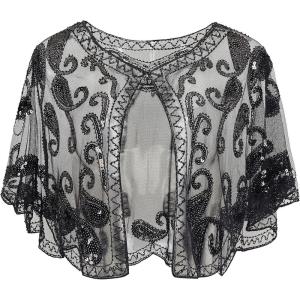 imageBABEYOND 1920s Shawl Wraps Sequin Beaded Evening Cape Bridal Shawl Bolero Flapper Cover UpBlack