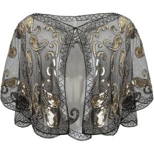 imageBABEYOND 1920s Shawl Wraps Sequin Beaded Evening Cape Bridal Shawl Bolero Flapper Cover UpBlack Gold