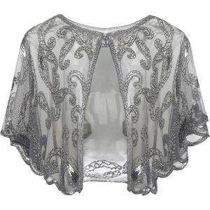 imageBABEYOND 1920s Shawl Wraps Sequin Beaded Evening Cape Bridal Shawl Bolero Flapper Cover UpGray
