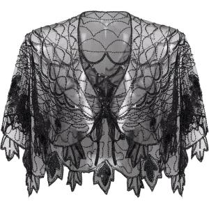 imageBABEYOND 1920s Shawl Wraps Sequin Beaded Evening Cape Bridal Shawl Bolero Flapper Cover UpWblack