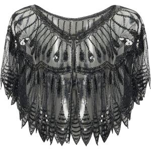 imageBABEYOND 1920s Shawl Wraps Sequin Beaded Evening Cape Bridal Shawl Bolero Flapper Cover UpYblack