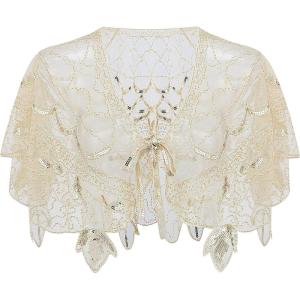 imageBABEYOND 1920s Shawl Wraps Sequin Beaded Evening Cape Bridal Shawl Bolero Flapper Women Cover UpXbeige