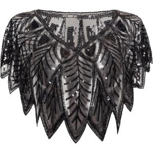 imageBABEYOND 1920s Shawl Wraps Sequin Beaded Evening Cape Bridal ShawlBlack