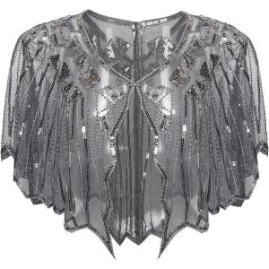 imageBABEYOND 1920s Shawl Wraps Sequin Beaded Evening Cape Bridal ShawlGray