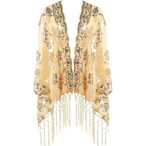 imageBABEYOND 1920s Shawl Wraps Sequin Fringed Evening Cape Wedding Bridal Shawl ScarfStyle5 Gold
