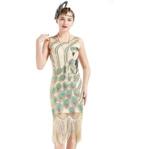 imageBABEYOND 20s Vintage Peacock Sequin Fringed Party Flapper DressBeige