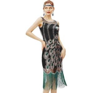 imageBABEYOND 20s Vintage Peacock Sequin Fringed Party Flapper DressBlack With Green Fringe