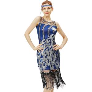 imageBABEYOND 20s Vintage Peacock Sequin Fringed Party Flapper DressBlue With Black Fringe