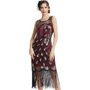 imageBABEYOND 20s Vintage Peacock Sequin Fringed Party Flapper DressWine Red