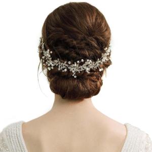 imageBABEYOND Bridal Headpiece Handmade Wedding Hair Vine Bead Crystal Floral Leaf Headband with Lace RibbonGold