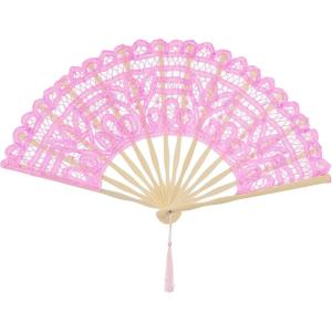 imageBABEYOND Cotton Lace Folding Handheld Fan Embroidered Bridal Hand Fan with Bamboo Staves for Wedding Decoration Dancing PartyPink