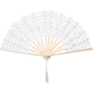 imageBABEYOND Cotton Lace Folding Handheld Fan Embroidered Bridal Hand Fan with Bamboo Staves for Wedding Decoration Dancing PartyWhite
