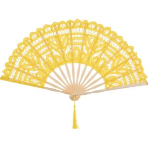imageBABEYOND Cotton Lace Folding Handheld Fan Embroidered Bridal Hand Fan with Bamboo Staves for Wedding Decoration Dancing PartyYellow