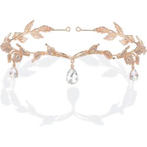 imageBABEYOND Crystal Leaf Wedding Diadem Headband Bridal Bridesmaid Forehead Band Rhinestone Bridal Tiara Crown with Gift BoxRose Gold