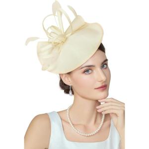 imageBABEYOND Derby Hats for Women  Fascinators Tea Party Hats Headband Wide Brim Fascinator Wedding Cocktail Feathers HeadwearBeige