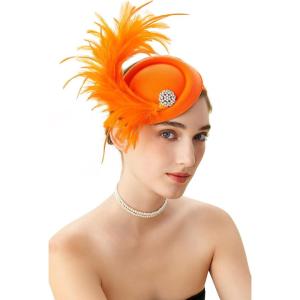 imageBABEYOND Fascinator Hat for Women Tea Party Kentucky Derby Pillbox Headpiece Costume Feathers Carnival Head WearOrange