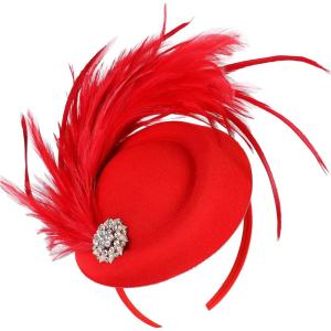imageBABEYOND Fascinator Hat for Women Tea Party Kentucky Derby Pillbox Headpiece Costume Feathers Carnival Head WearRed