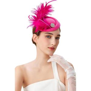 imageBABEYOND Fascinator Hat for Women Tea Party Kentucky Derby Pillbox Headpiece Costume Feathers Carnival Head WearRose Red