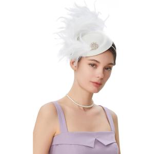 imageBABEYOND Fascinator Hat for Women Tea Party Kentucky Derby Pillbox Headpiece Costume Feathers Carnival Head WearWhite