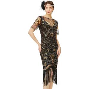 imageBABEYOND Flapper Dresses 1920s Gatsby  Roaring 20s Sequin Beaded Dress Fringe DressBlack Gold