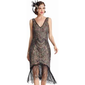 imageBABEYOND Flapper Dresses 1920s V Neck Beaded Fringed Great Gatsby DressBlack Apricot