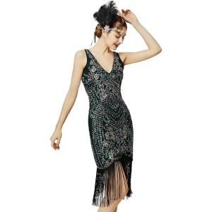 imageBABEYOND Flapper Dresses 1920s V Neck Beaded Fringed Great Gatsby DressBlack Green