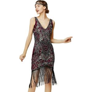 imageBABEYOND Flapper Dresses 1920s V Neck Beaded Fringed Great Gatsby DressWine Red