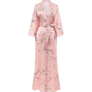 imageBABEYOND Floral Kimono Robe Satin Silky Wedding Robe Lightweight Long Kimono Nightgown SleepwearPlum Blossompink