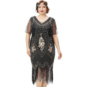 imageBABEYOND Great Gatsby Dresses for Women Plus Size Cocktail Dress 1920s Flapper Costume for WomenBlack and Gold