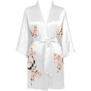 imageBABEYOND Kimono Robe Cover up Short Satin Floral Silky Kimono Blouse Loose Bachelorette Party RobeWhite