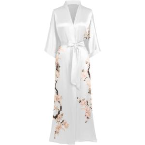 imageBABEYOND Kimono Robe Cover up with Box Long Floral Satin Sleepwear Silky Bathrobe Bachelorette RobePorcelain White