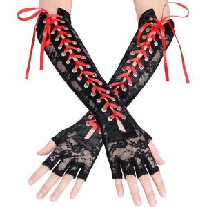 imageBABEYOND Lace Up Fingerless Gloves Long Elbow Gloves for Costume Party Laceup Arm WarmerBlack With Red Ribon