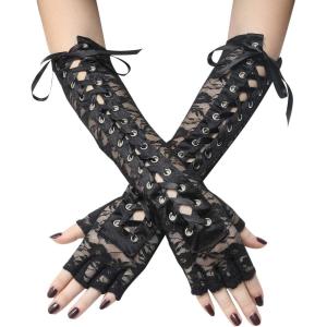 imageBABEYOND Lace Up Fingerless Gloves Long Elbow Gloves for Costume Party Laceup Arm WarmerLaceblack