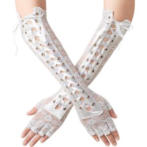 imageBABEYOND Lace Up Fingerless Gloves Long Elbow Gloves for Costume Party Laceup Arm WarmerWhite